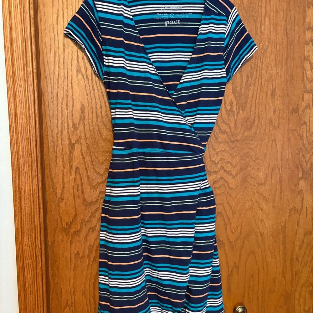 Pact Striped Wrap Dress in Navy, Teal, White, Copper